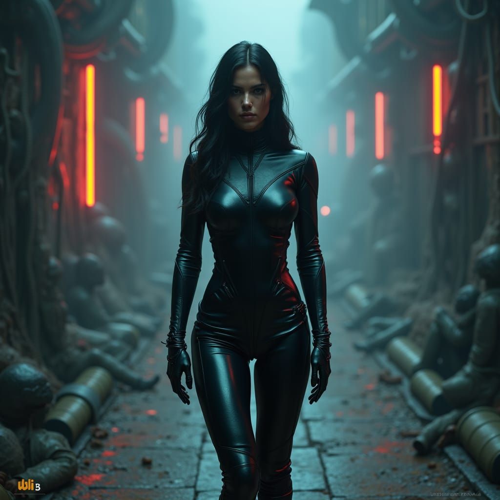 Mystical Woman in Leather Bodysuit, Digital Art