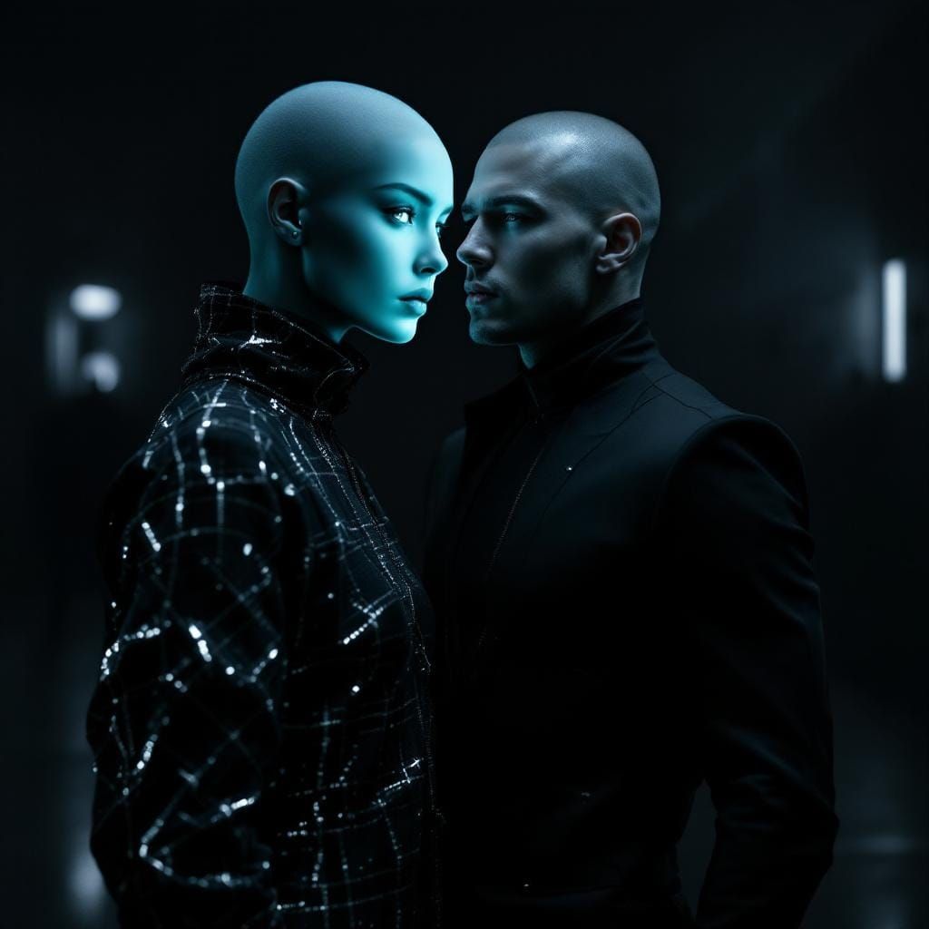 Futuristic Monochrome Portrait with Hologram and Scarecrow