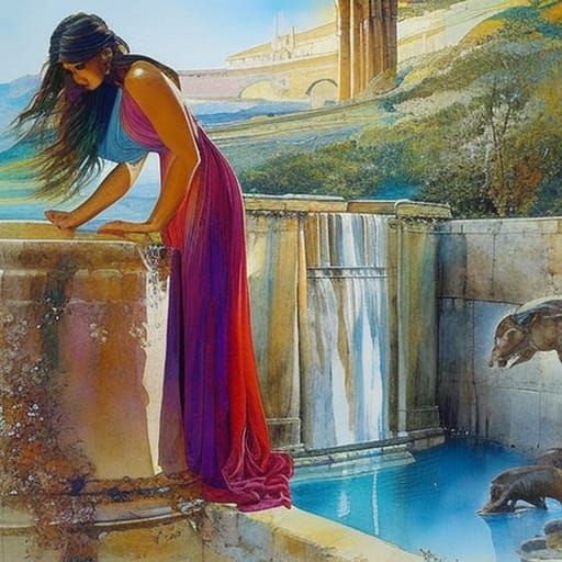 Woman at Fountain Near Roman Aqueduct