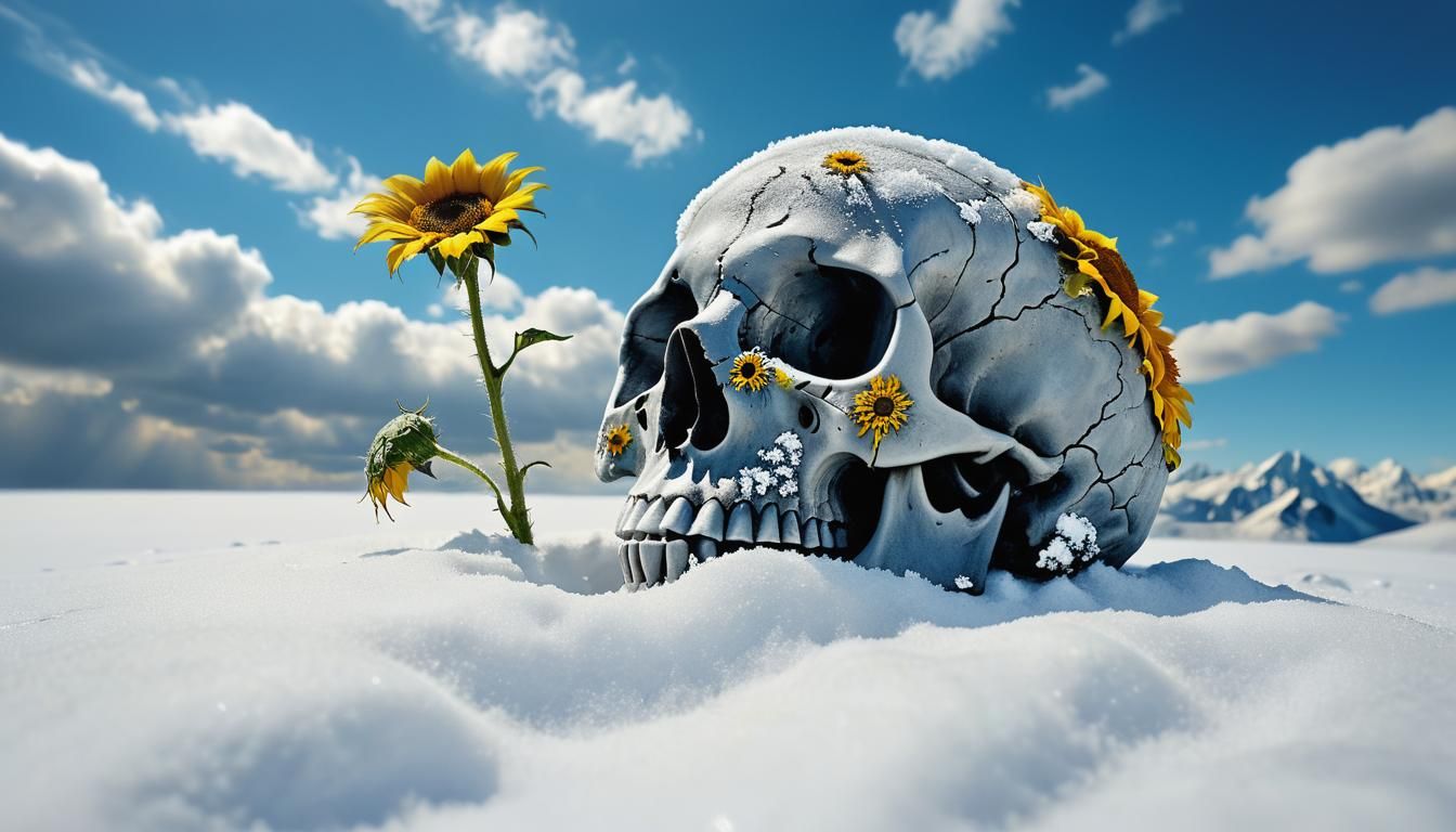Gray Skull Blooms Sunflower in Whimsical Surrealist Scene