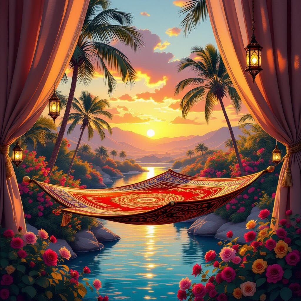 Flying Carpet Over Oasis in Dreamlike Style