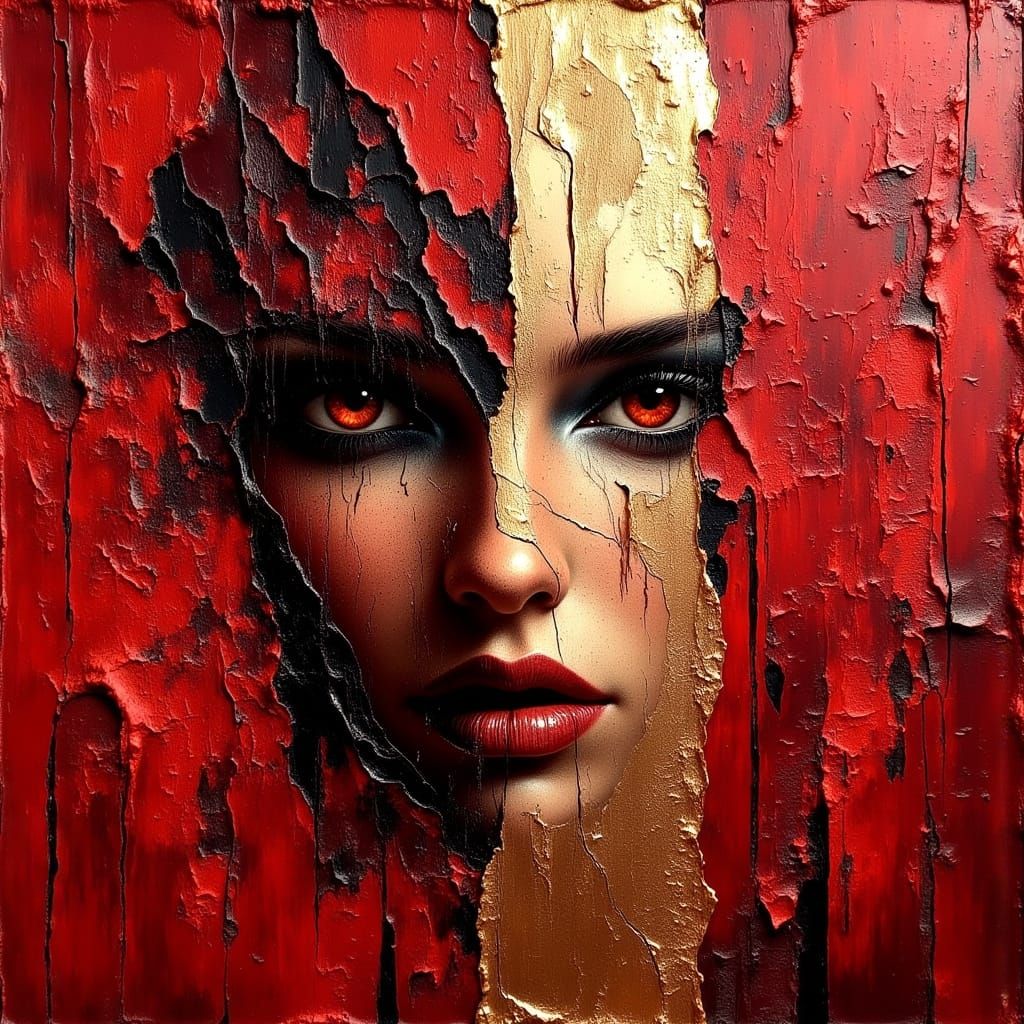 Morbid Gold Leaf Painting with Dark Red Accents