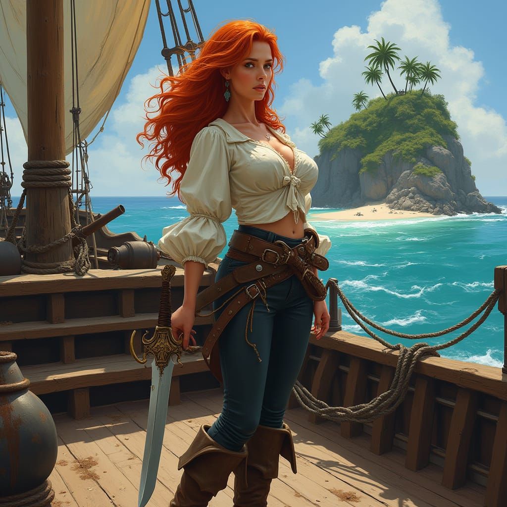 Powerful Red-Haired Pirate Woman in Epic Pirate Ship Scene