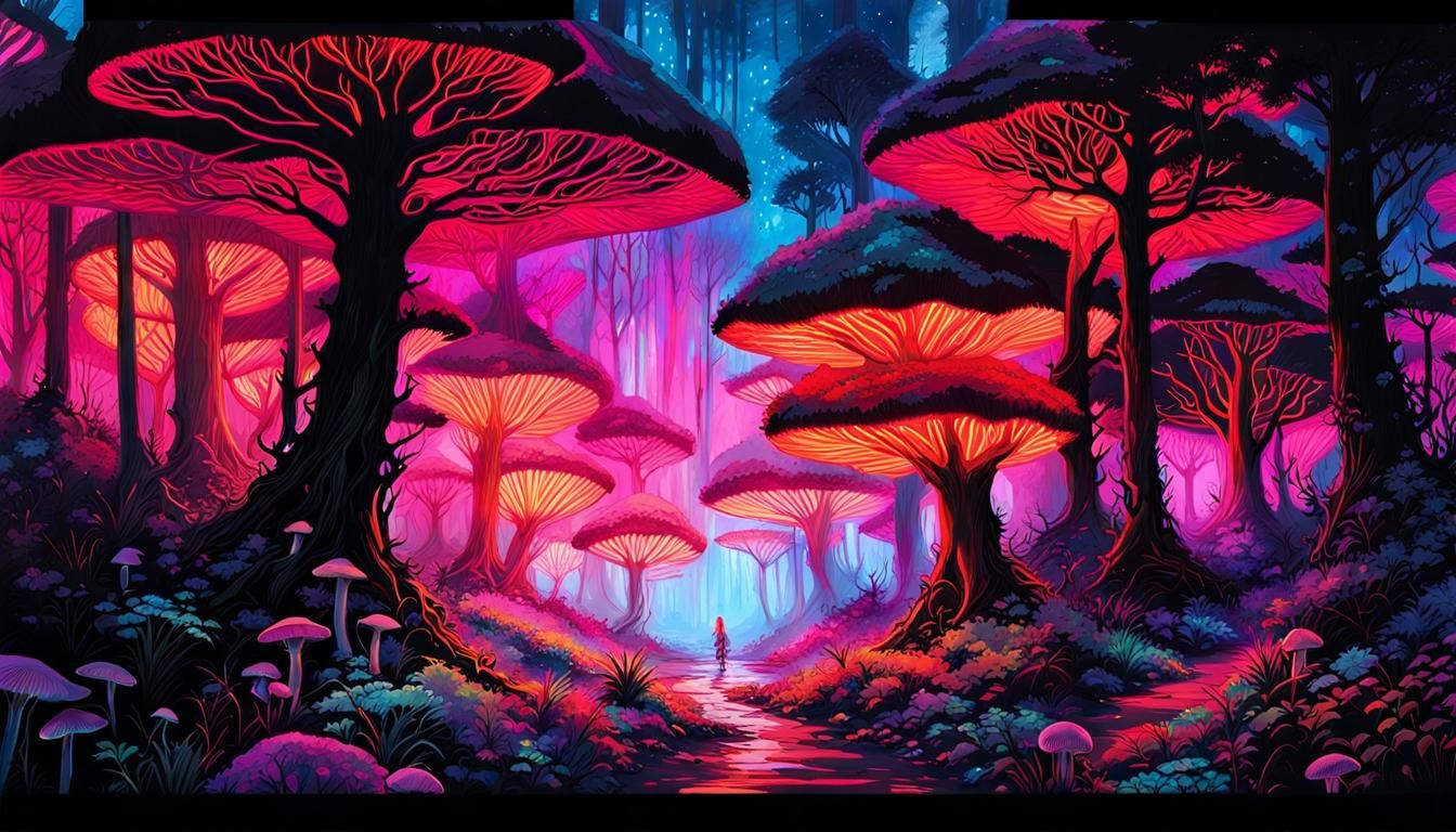 Neon Blacklight Forest at Night: Studio Ghibli Style