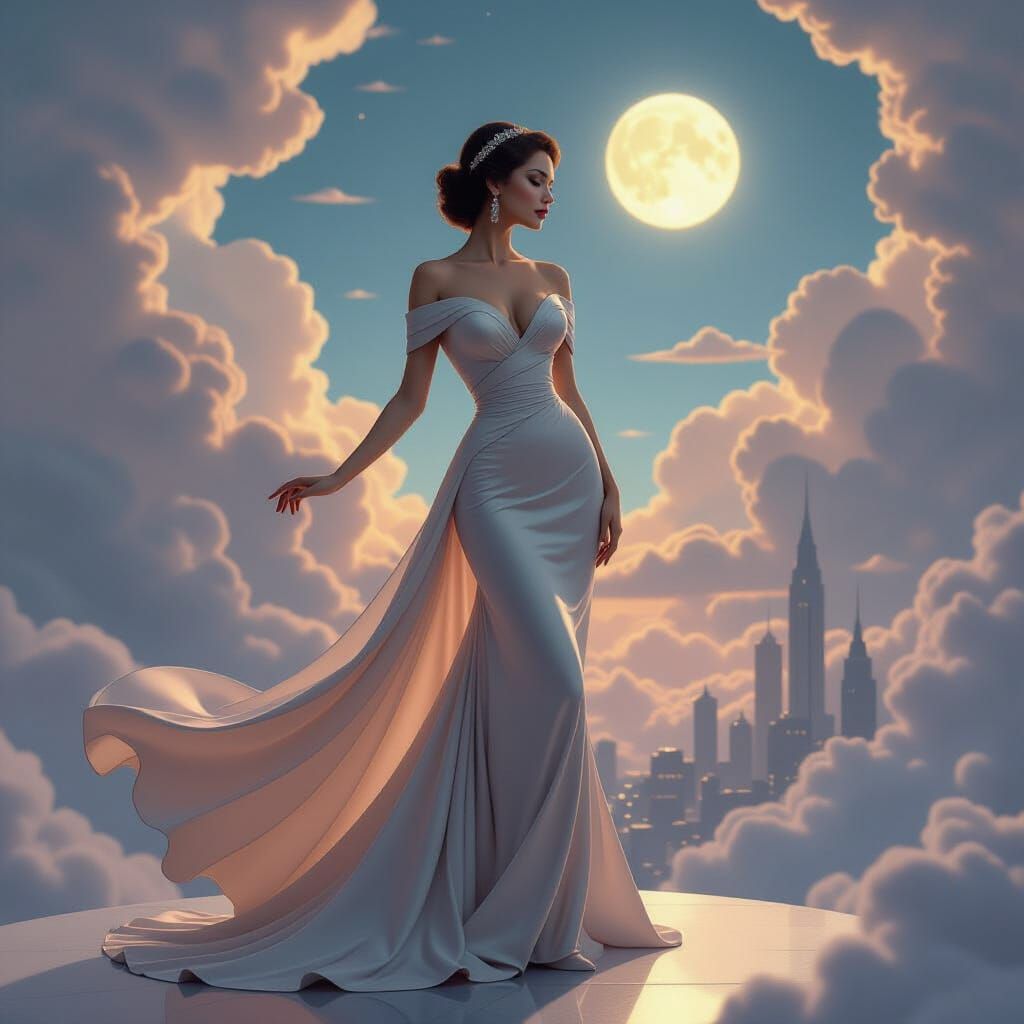 a graceful, elongated female figure in a flowing, elegant gown. Her pose is reminiscent of a Hollywood Golden Age starle...
