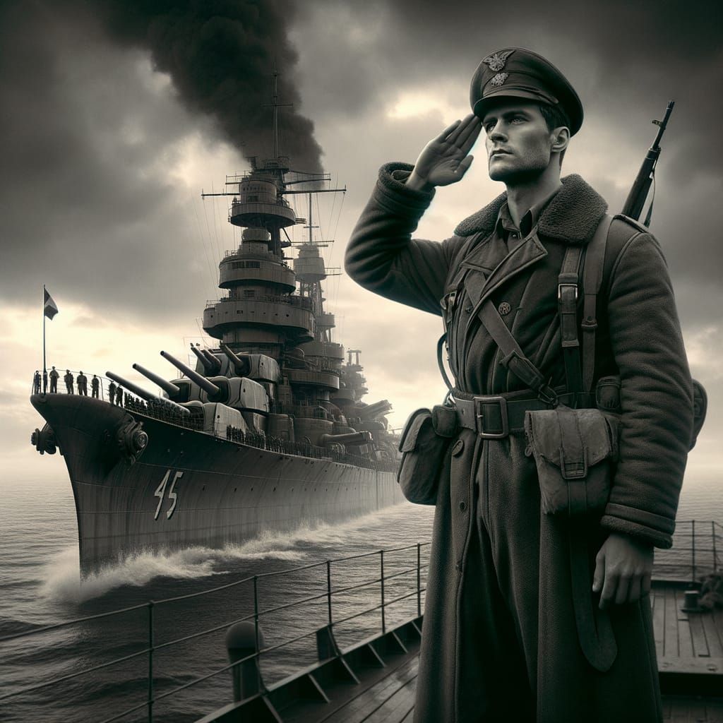 WWII Soldier Saluting on Battleship Deck in Matte Painting S...