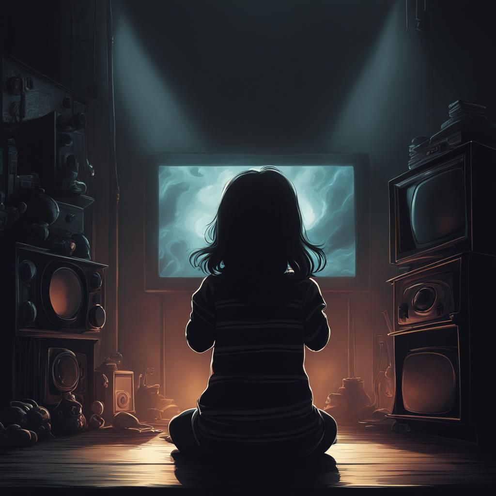 Infant Silhouette Watches TV in Dark Horror Art