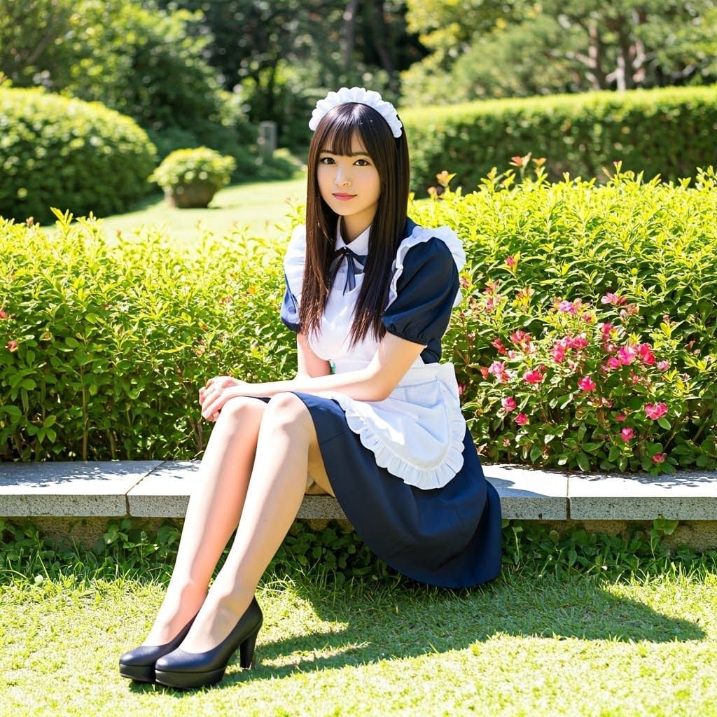 Japanese Actress in a Maid's Uniform Poses in a Serene Garde...