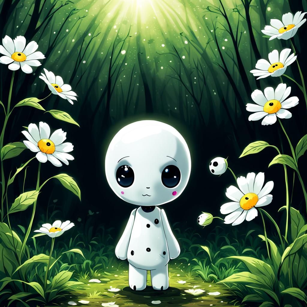 White Kodama Staring at Flower in Anime Style