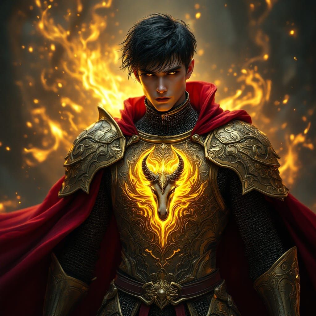 Goth Warrior in Yellow Metal Armor, Radiating Ethereal Light