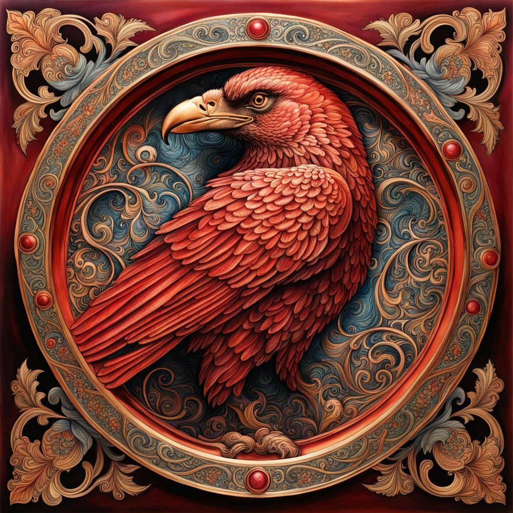 Ornate Raven in Copper Frame, Gouache Watercolor