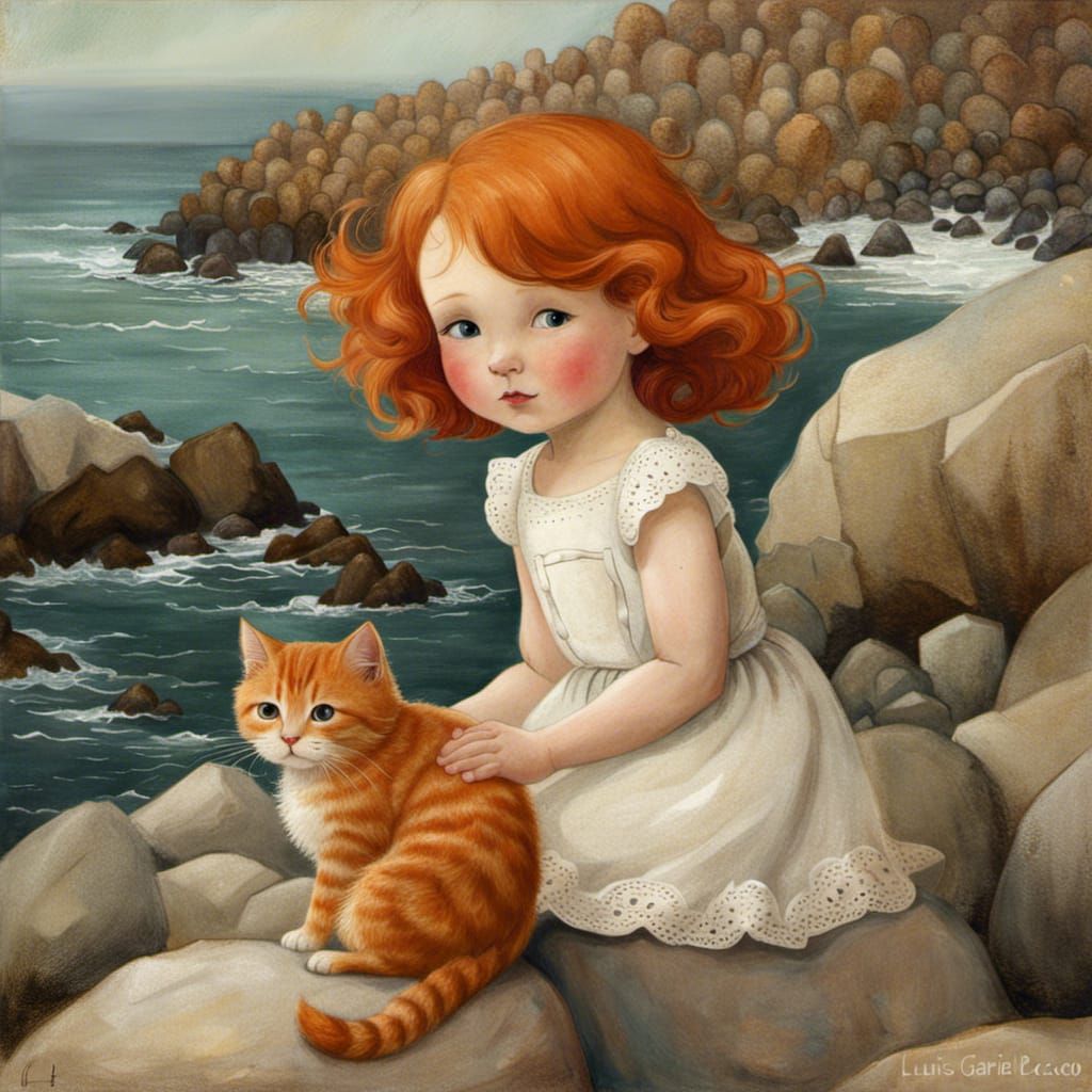 Redhead Girl and Ginger Cat on Rocky Coast