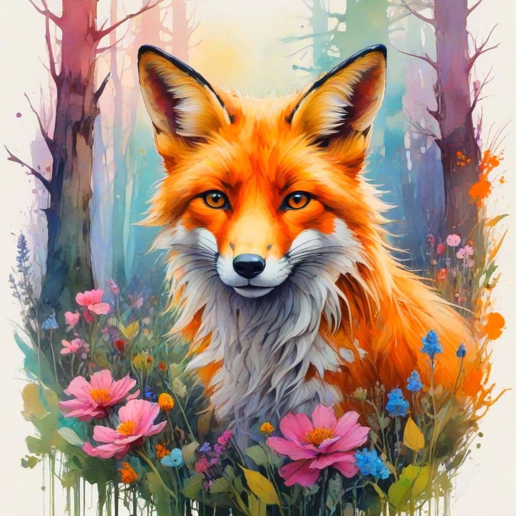 Whimsical Watercolor Jungle Scene with Fox at Sunset