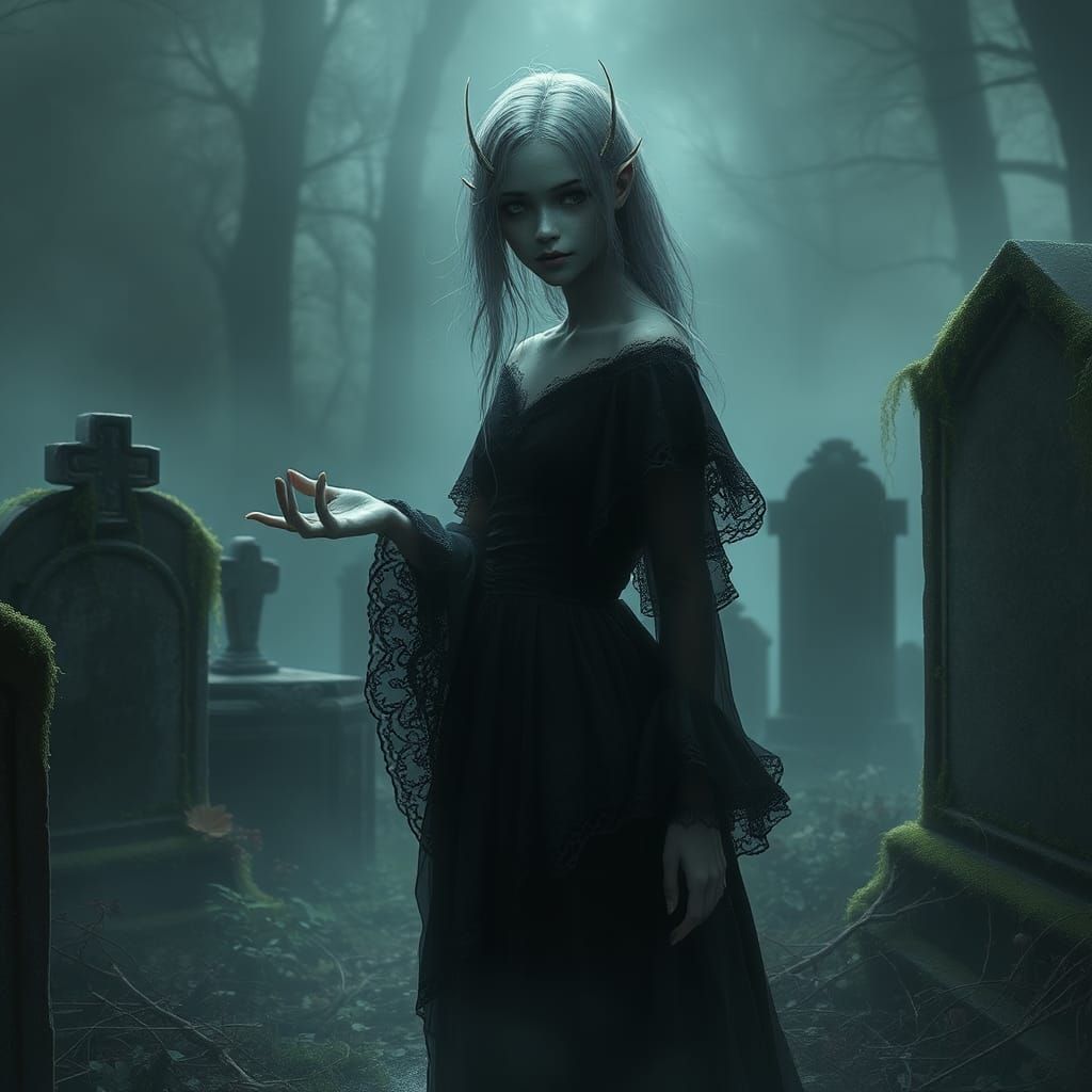 Ethereal Spectral Girl in Graveyard Concept Art