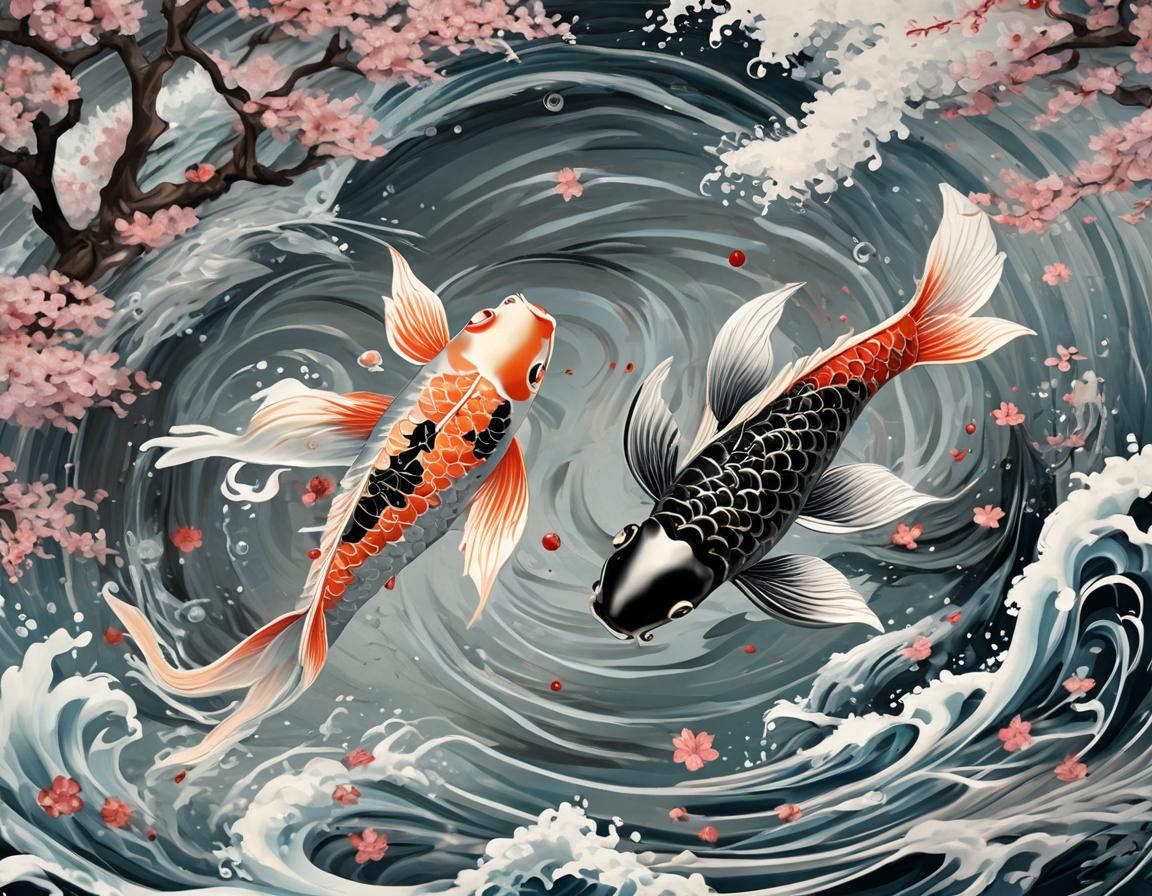 Koi Fish Yin Yang in Ukyio-e Style