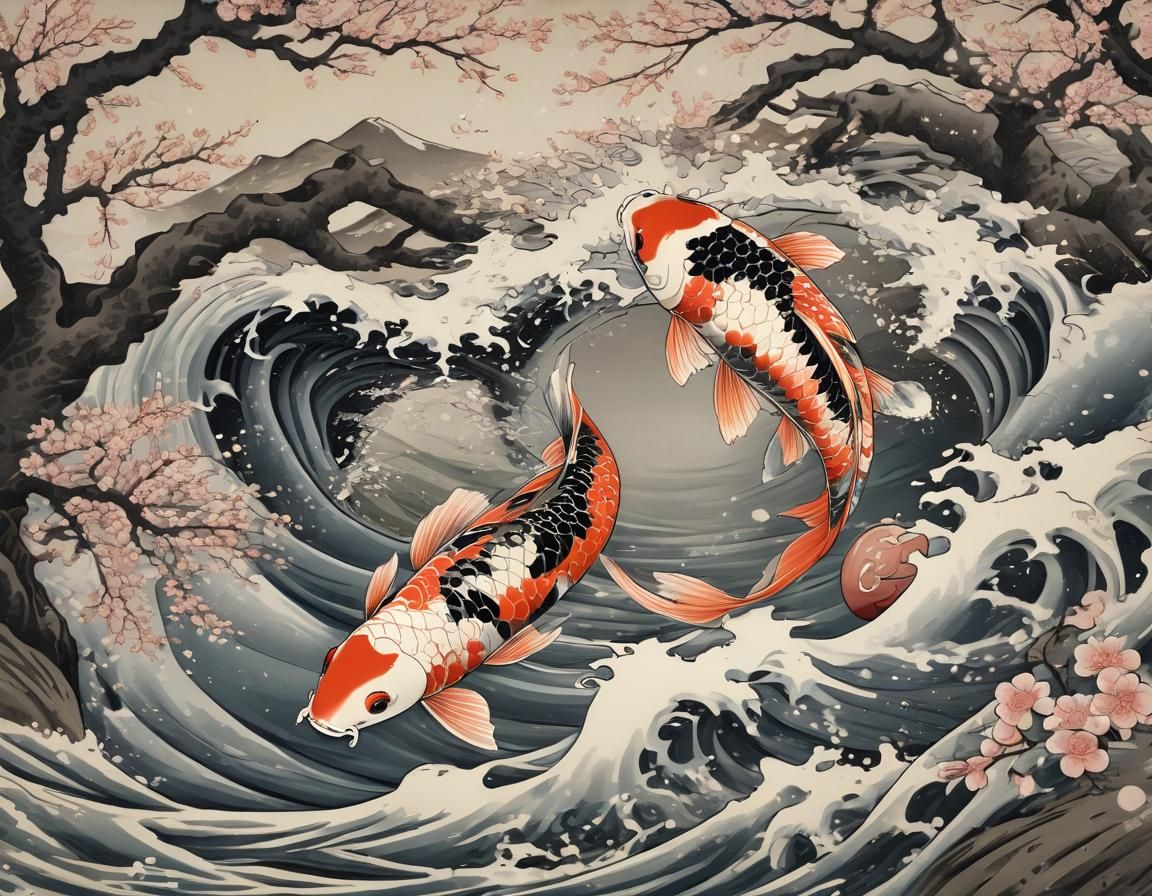 Koi Fish Yin Yang in Ukiyo-e Style