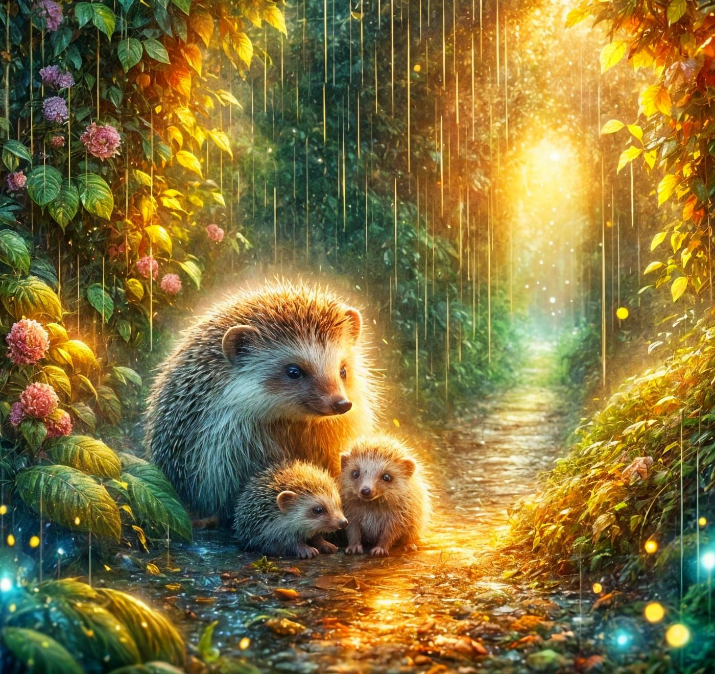 Adorable Hedgehogs in Secret Garden Pathway at Dawn