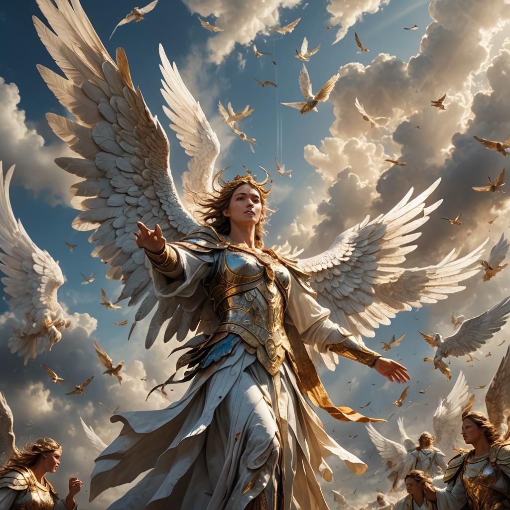 Hyperrealistic Angel Army in Cloudy Sky