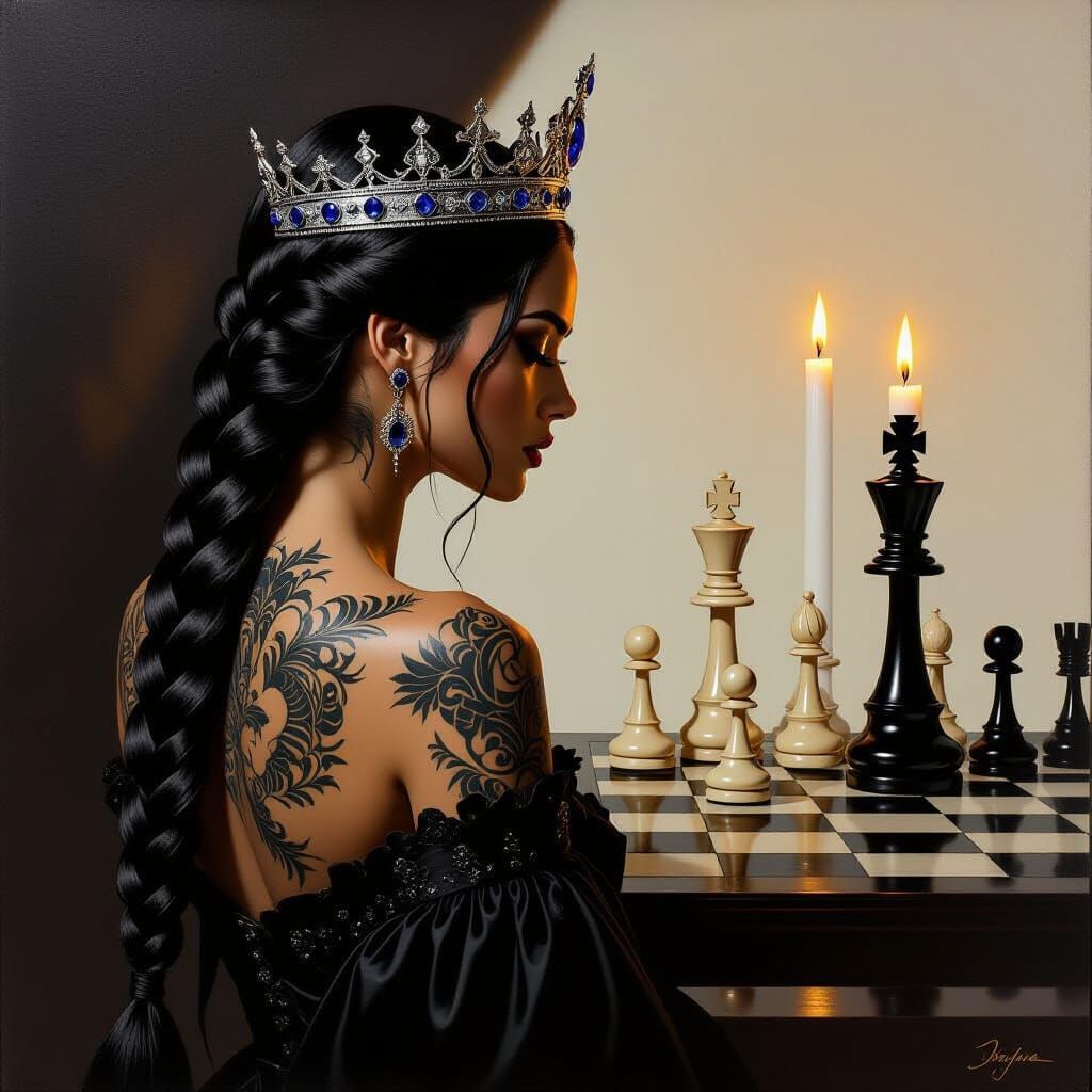 Regal Woman with Sapphire Crown and Mythical Tattoos