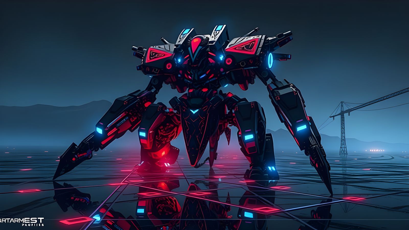 Neon Chrome Alien Mech in Mirrored Landscape