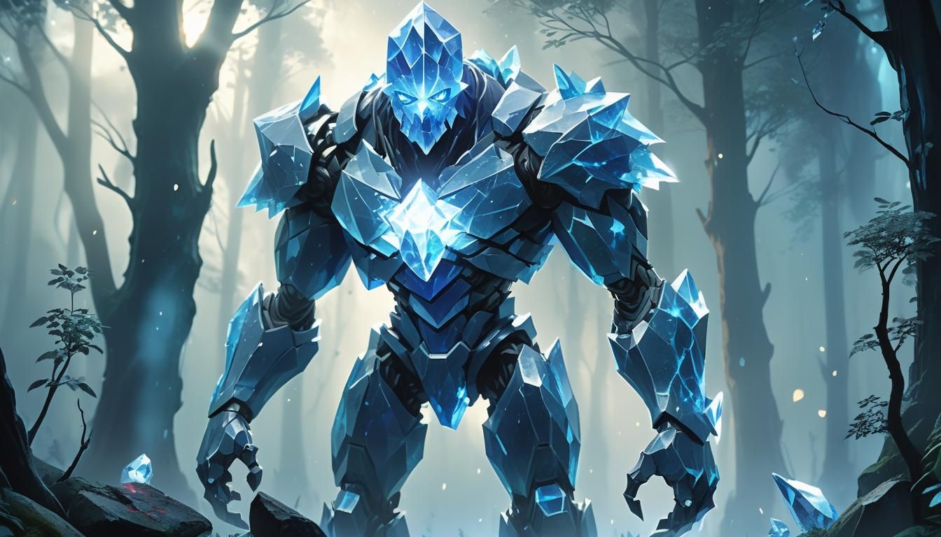 Blue Crystal Golem in Moonlit Forest, Anime Art