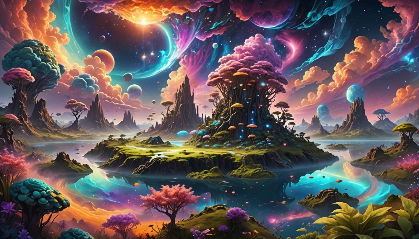 Surreal Cosmic Landscape with Floating Islands