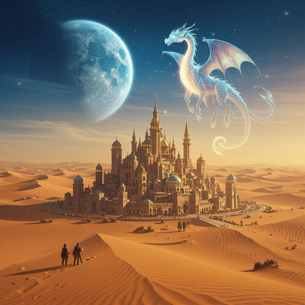 Desert Mirage with Dragon Under Twin Suns