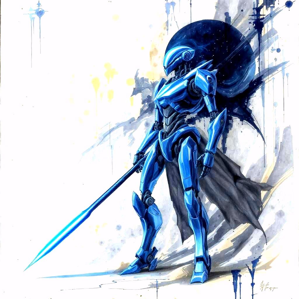 Steel Blue Droid with Hi-Tech Lance in Art Nouveau Style