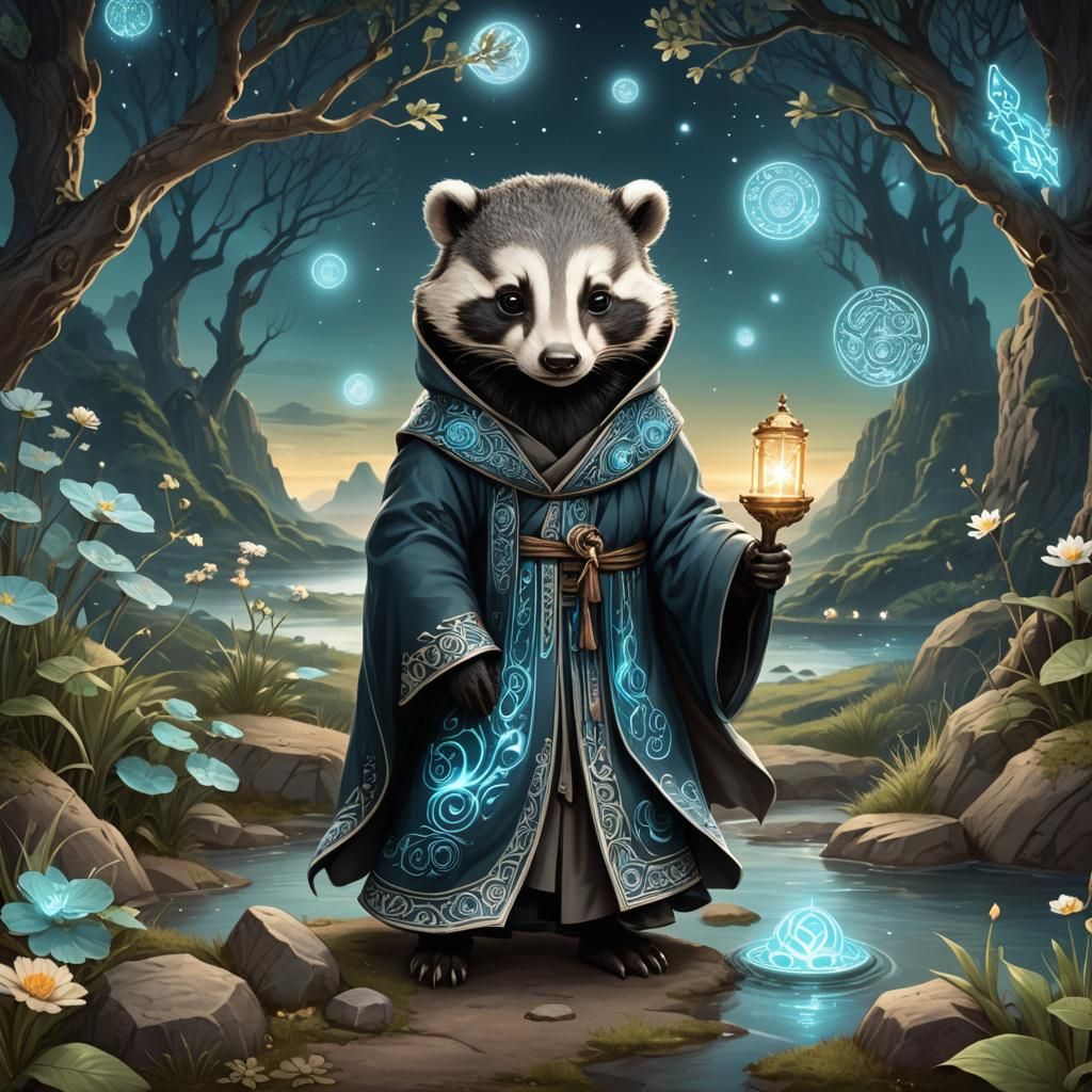 Chibi Badger Monk with Bioluminescent Runes