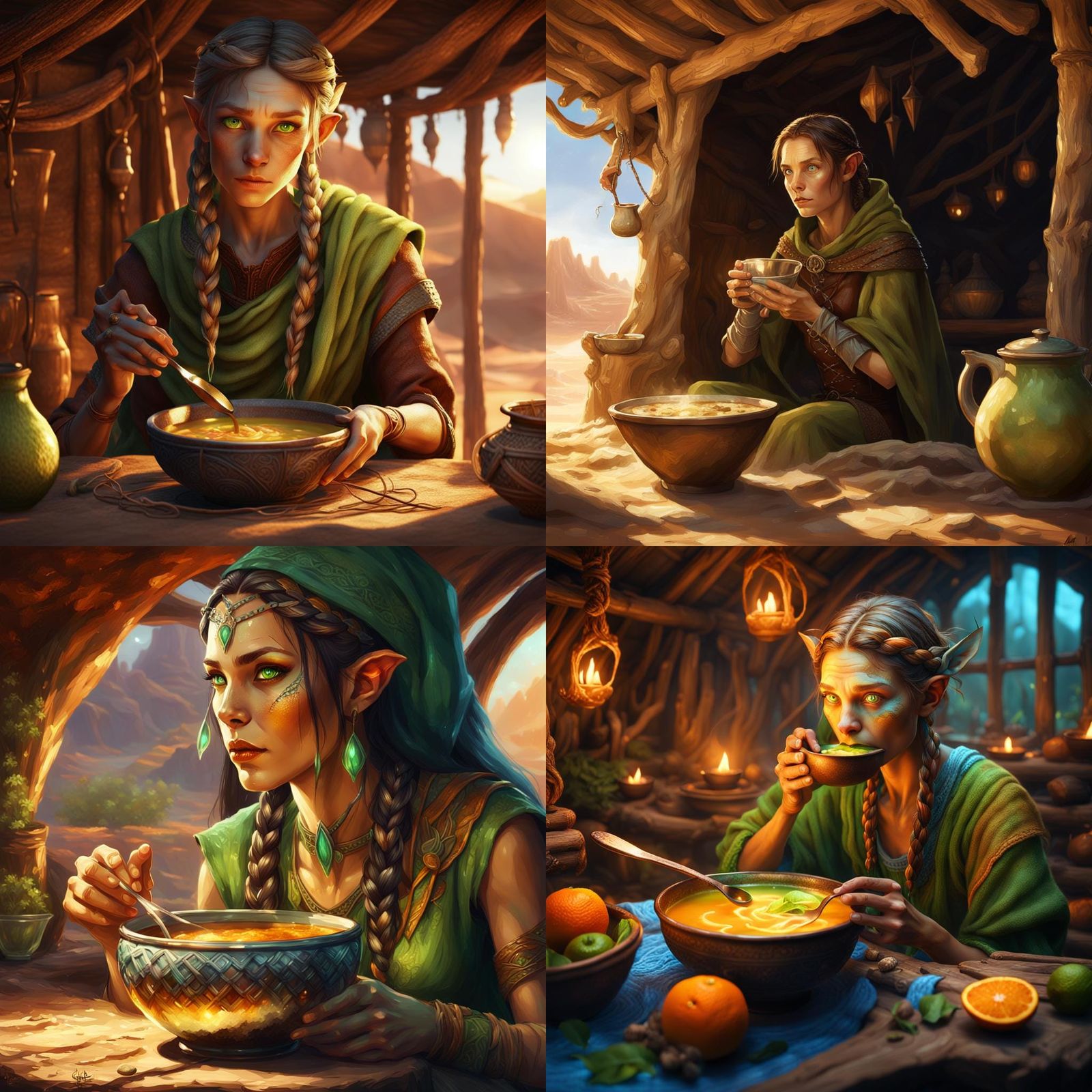 Wood Elf Sipping Soup in Desert Hut
