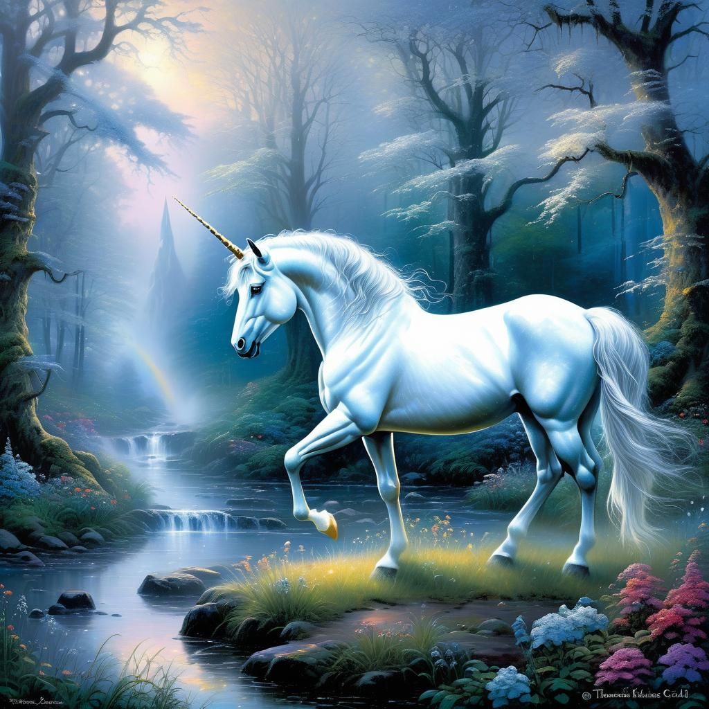 Unicorns in Ethereal Enchanted Forest, Kinkade Style