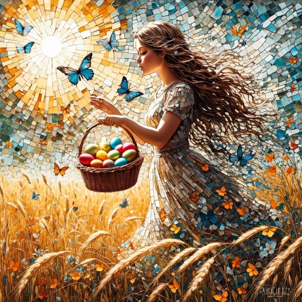 Girl with Butterflies in Wheat Field, Mixed Media