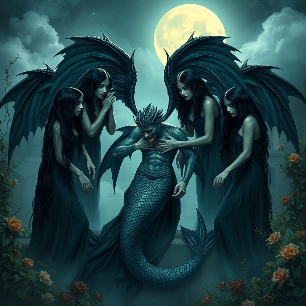 Ethereal Vampire Women Gather on Rooftop Amidst Ancient City