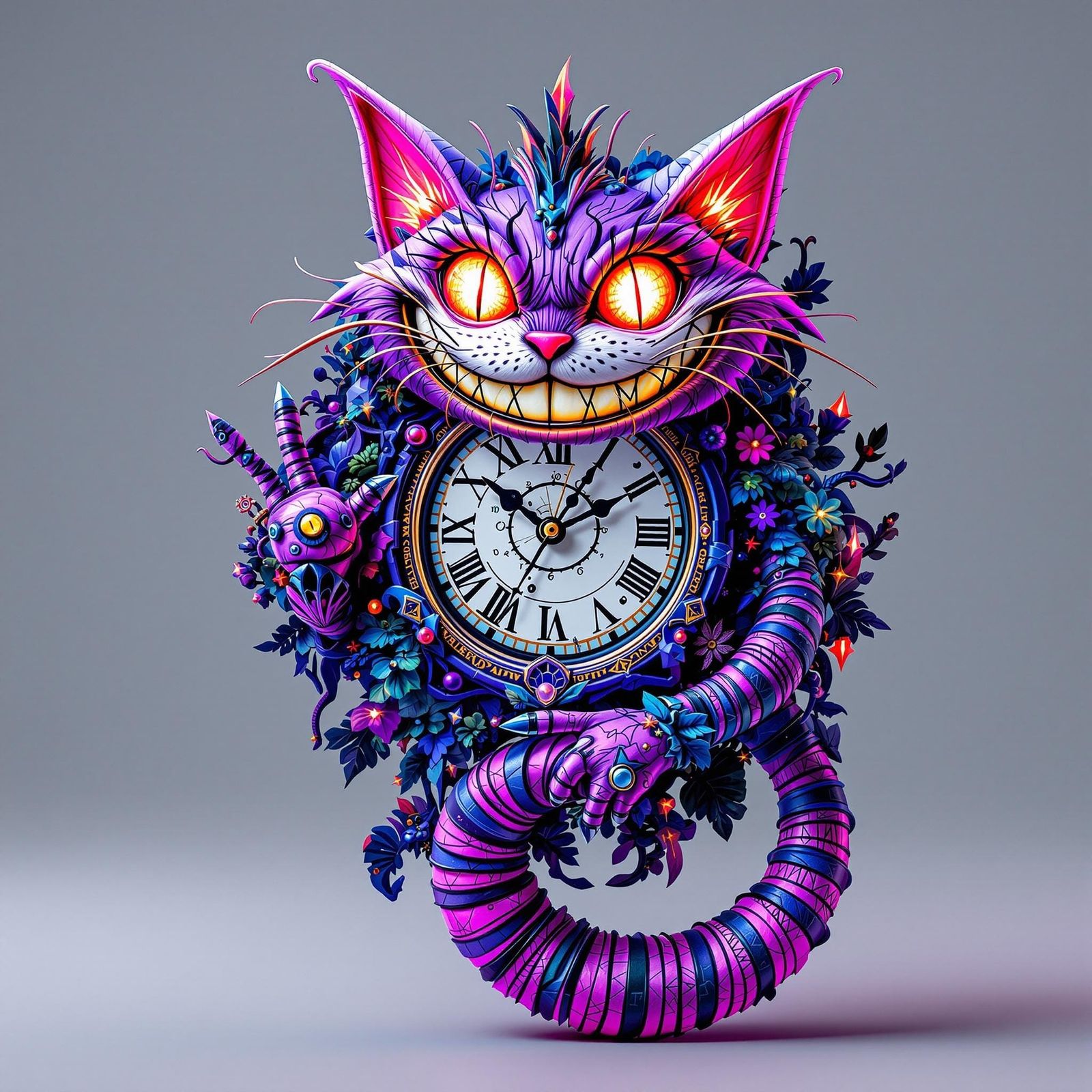 Whimsical Cheshire Cat Clock in Futuristic Wonderland Style