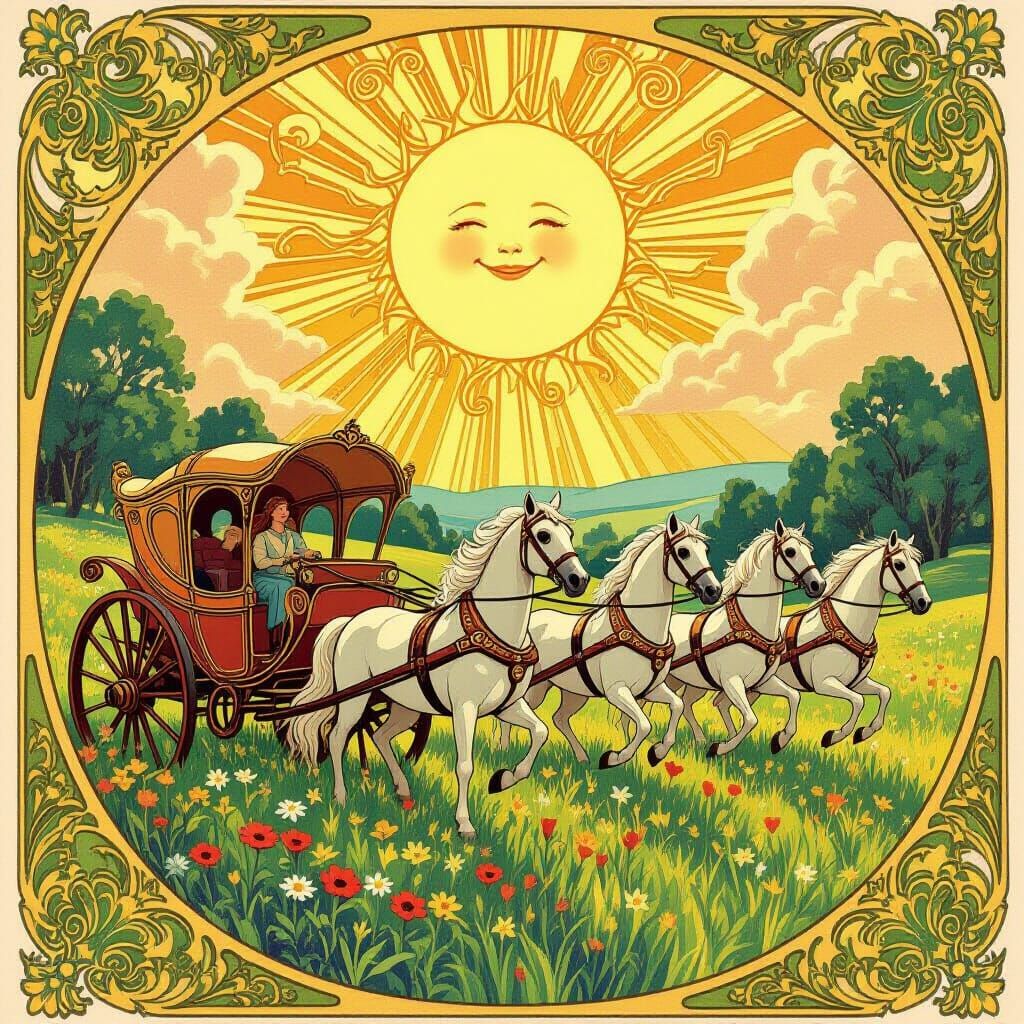 Art Nouveau Carriages in Sunlit Meadow