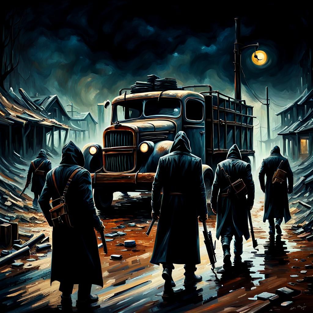 Eerie Post-Apocalyptic Scene of Thieves in Impressionist Oil