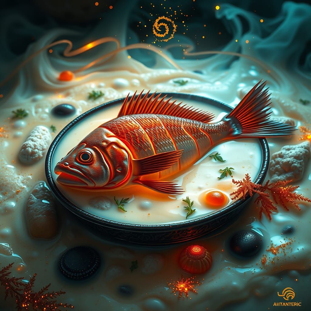 Glowing Cod in Mystical Milk Broth, Dark Fantasy Art