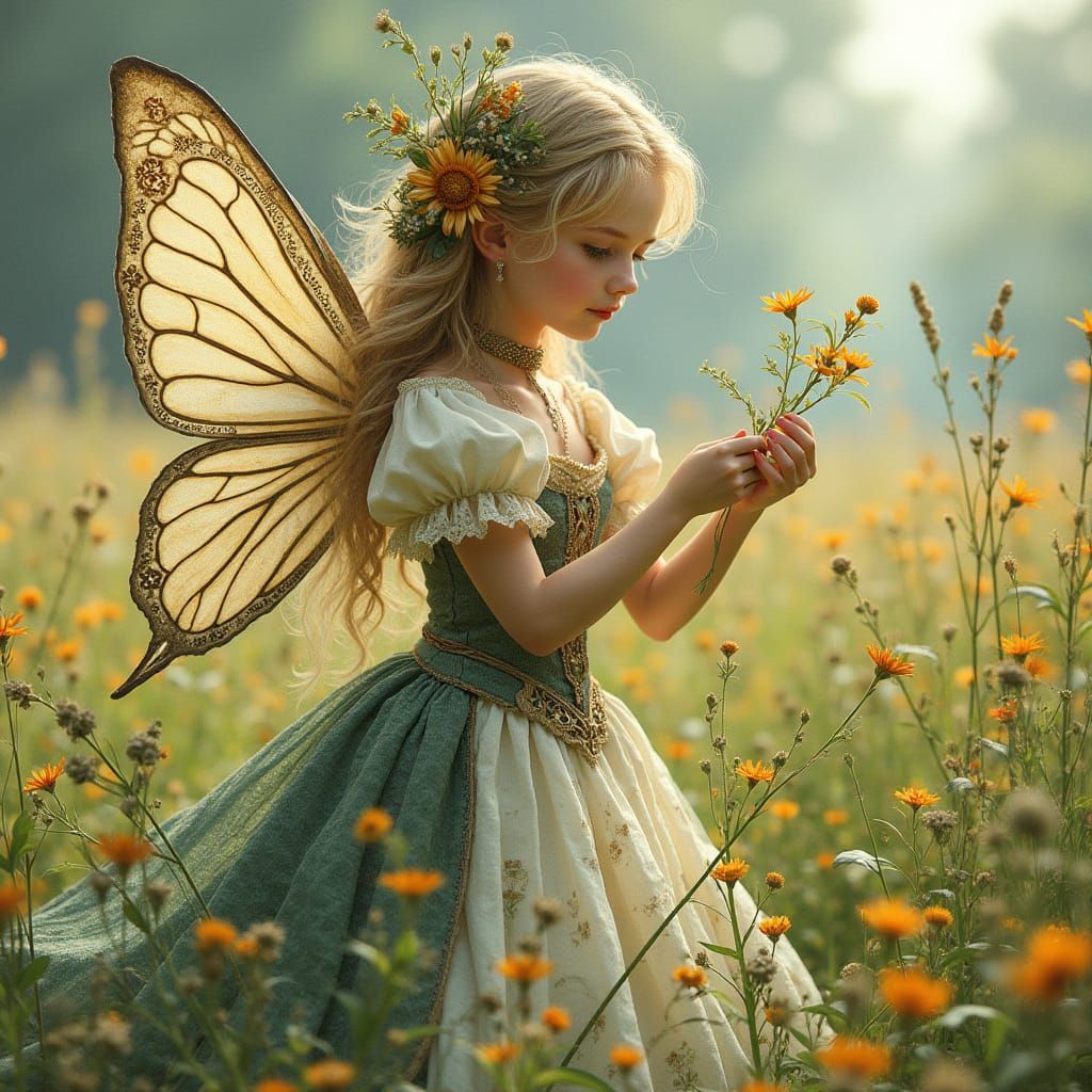 Celtic Fairy Picking Wildflowers in Lush Meadow