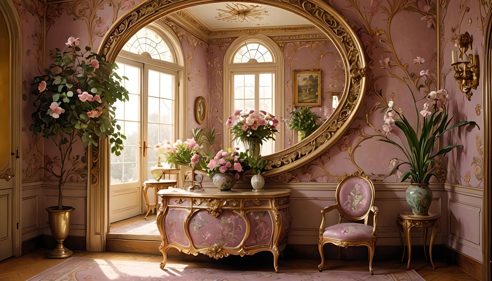 Art Nouveau Interior with Floral Wallpaper and Gold Mirror