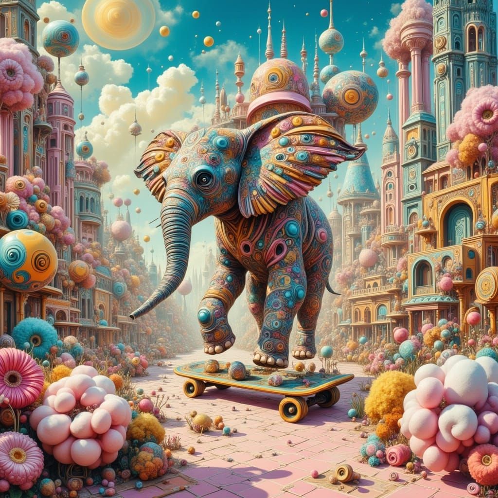 Surreal Elephant on Skateboard in Cotton Candy Park