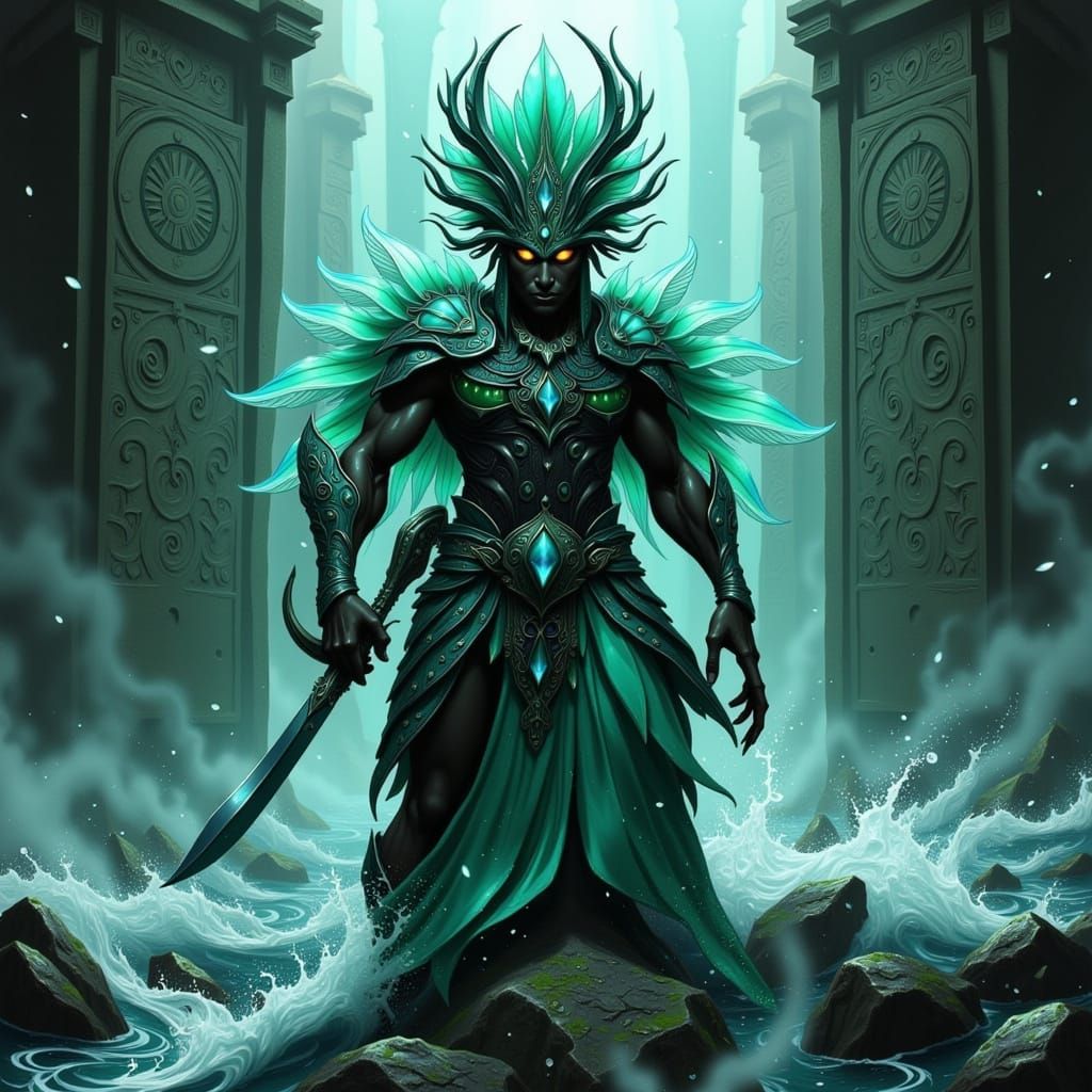 Fearsome Quetzalcóatl-Inspired Warrior in Turquoise and Emer...