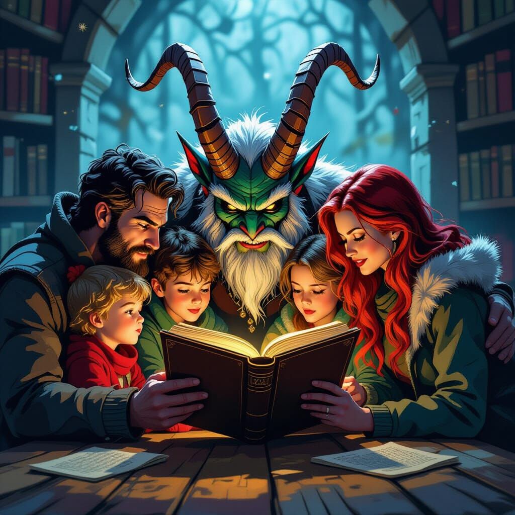 Friends Reading Krampus Book in Hyperrealistic Comic Style