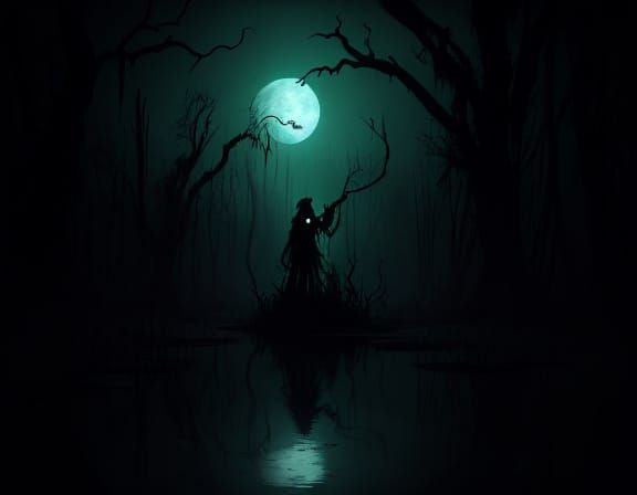 Surreal Swamp Creature Emerges Under Full Moon