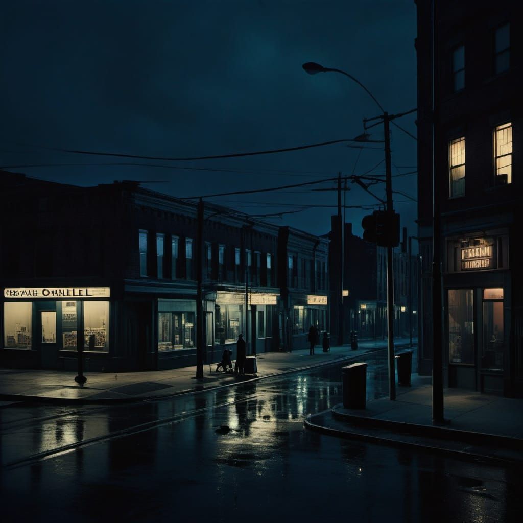 Film Noir Cityscape at Dusk with Dramatic Lighting