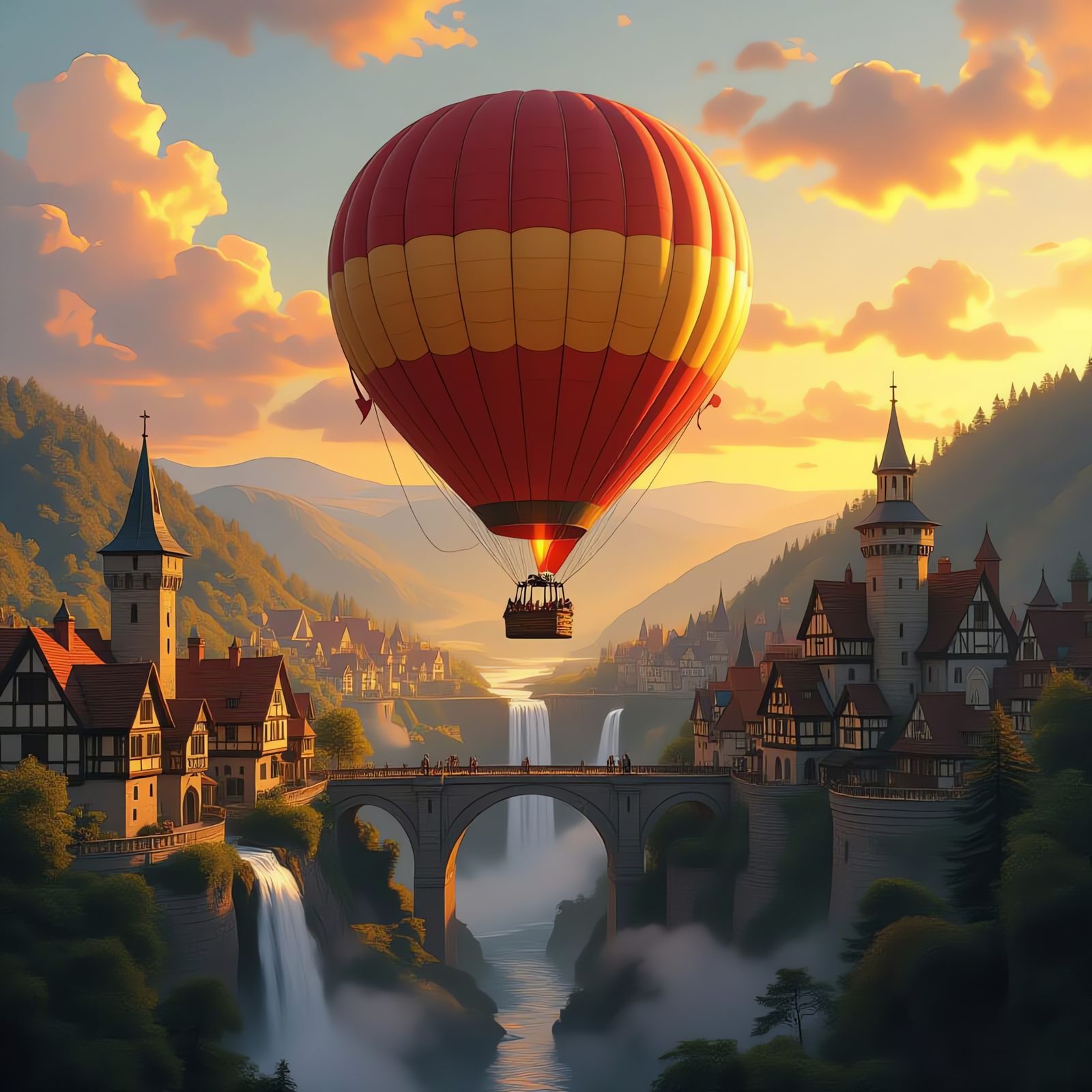 Fantasy Landscape with Hot Air Balloon and Castle