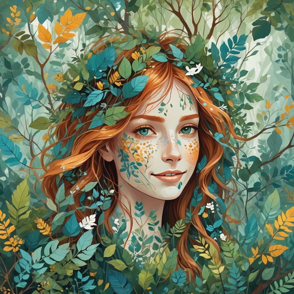 Smiling Girl Merges with Forest, Digital Illustration