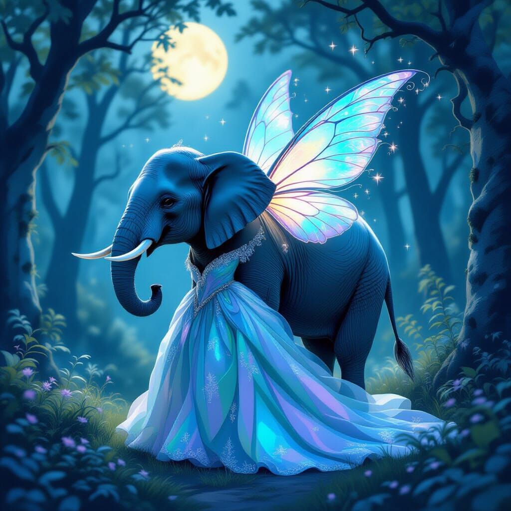 Elephant Fairy in Moonlit Forest, Fantasy Art