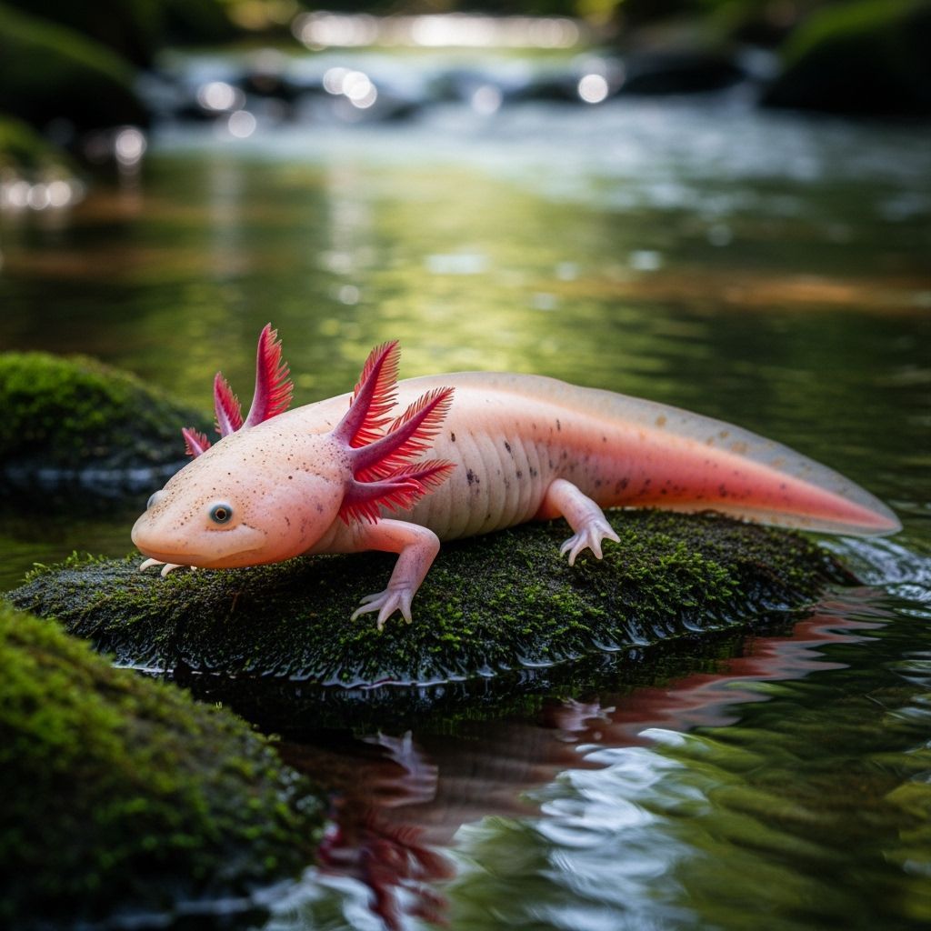 Vibrant Pink Axolotl on Mossy Rocks with Gentle Stream