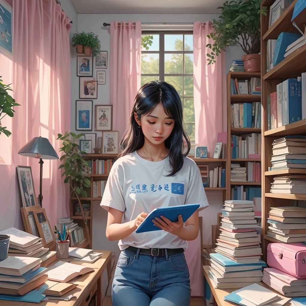 Asian Woman Writes on Tablet: 3D Anime Art