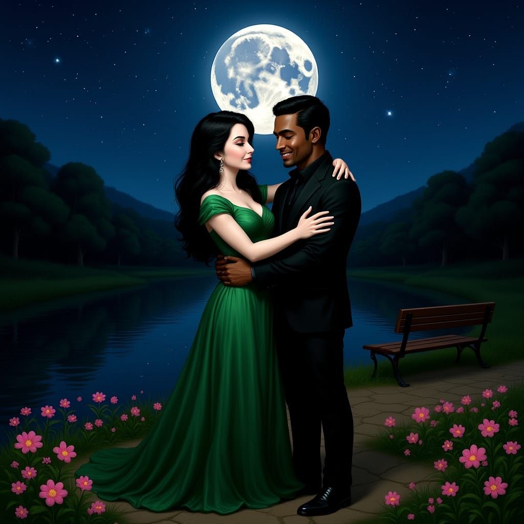 Couple Embracing Under Starry Night Sky and Full Moon